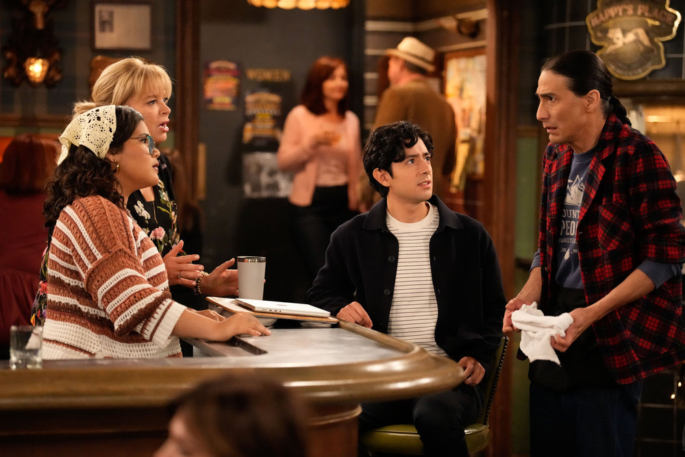 (l-r) Belissa Escobedo as Isabella, Melissa Peterman as Gabby, Pablo Castelblanco as Steve, Tokala Black Elk as Takoda